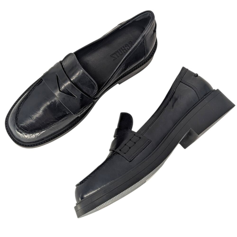 Schutz Dylan Black Leather Loafers Gloss Penny Loafer 8.5 New Box